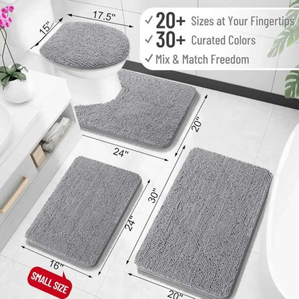 New 30in x 20in Grey Chenille Bath Rug, Soft, Absorbent, Quick Dry Bathroom Mat